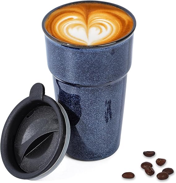 vicrays Ceramic Travel Coffee Mug with Lid, Insulated Reusable Tall Cup, Portable Easy Carrying Coffee Mug for Car Cup Holders, Dishwasher Safe, 12oz, Reactive Glaze (Blue)