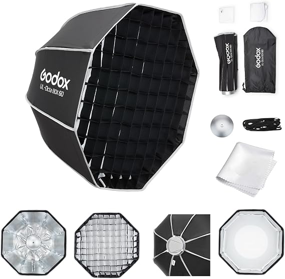 Godox Softbox UL-Octa60 23.6in Octagonal Softbox with Bowens Mount | Quick-Release Umbrella Design with Grid and Deflector Plate for Soft Even Lighting, Ideal for LED Video and Photography