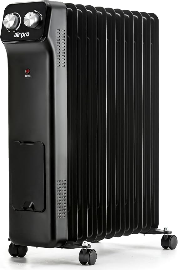 Air Pro Oil Filled Radiator 2500W with Adjustable Thermostat – 11 Fin Portable Electric Heater 3 Heat Settings, Overheat & Tip-Over Protection, Quiet for Home, Office and Any Room Radiator on Wheels