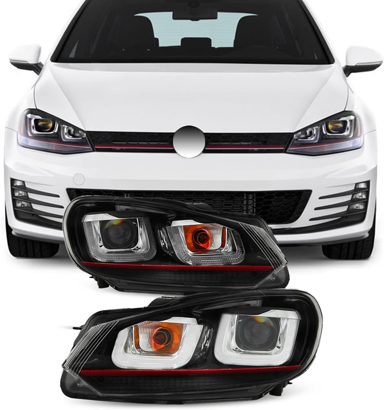 AKKON - For 10-14 VW GOLF GTI [Red Stripe Dual U-Halo] LED Tube Black Bazel Projector Headlight Pair