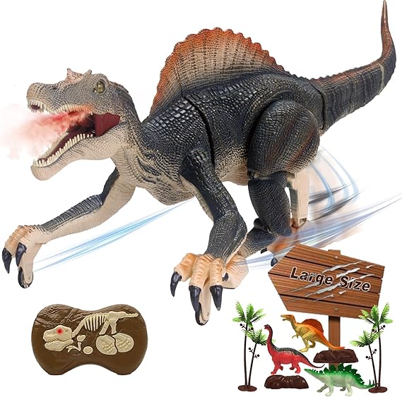 BUBUQE Remote Control Dinosaur Toys for Boys Electronic RC Spray Raptor Toy Walking Roaring Jurassic Spinosaurus Realistic 18.1" Dino Birthday Gift for Kids