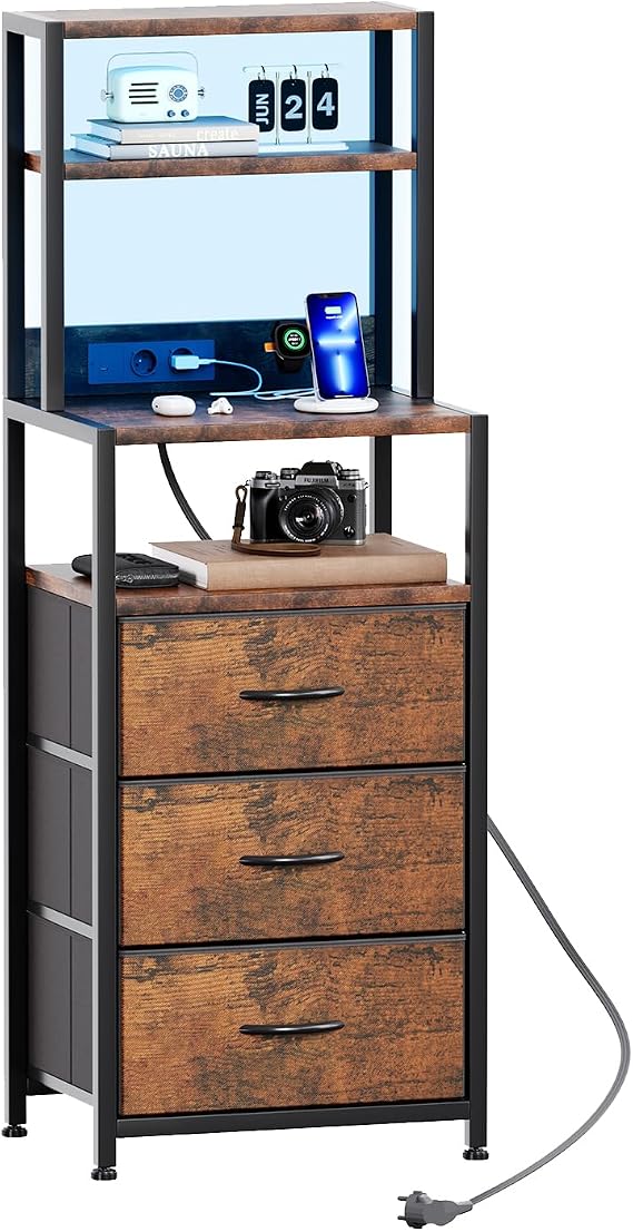 CAIYUN Bedside Table with LED & Charging Function Side Table with 4 Shelves Sofa Table with 3 Fabric Drawers Bedside Tables with Bookshelf Side Table for Living Room Bedroom (Vintage Brown)