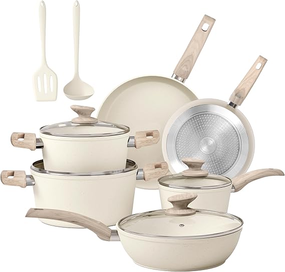 Kitchen Academy 12 Pieces Nonstick Pots and Pans Set, Cookware Set Beige