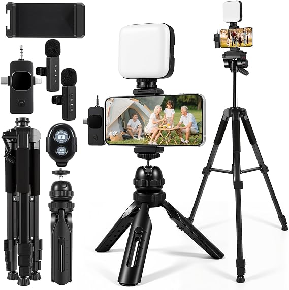 Vlogging Kit with Wireless Lavalier Microphone for iPhone, Android | YouTube Starter kit Content Creator Essentials With 60 Extendable Fullsize Tripod, Soft Light for Vlogging, YouTube, TikTok