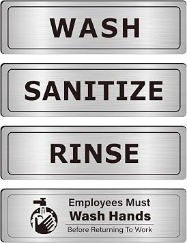 4 PK Wash Rinse Sanitize Sink Labels-Employees Must Wash Hands Sign Waterproof Sticker Signs for 3 Compartment Sinks, Restauran,t Commercial Kitchen, Food Trucks, Wash Station Brushed Aluminum