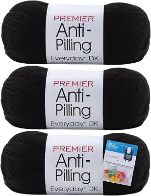 Premier Yarns Everyday DK Anti Pilling Yarn 3.5 Oz Each Skein 3 Light Weight 3 Pack Bundle with Bellas Crafts Stitch Markers Black