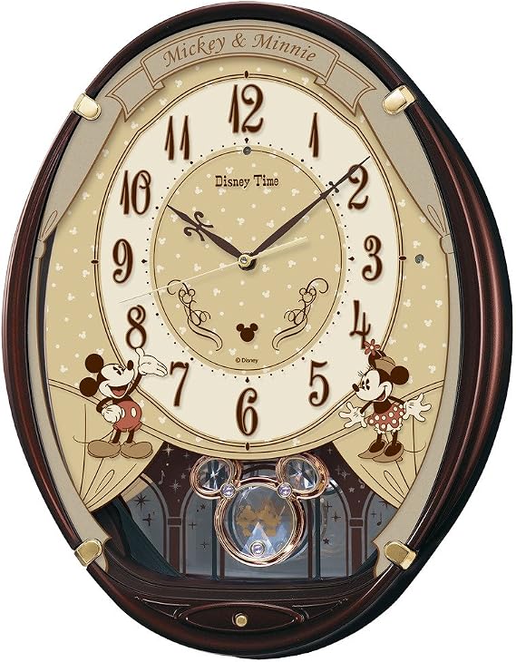 Seiko FW579B Wall Clock, Character Disney Mickey Mouse, Minnie Mouse, Radio, Analog 6 Songs, Melody, Disney Time, Brown, Metallic