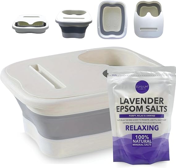 Foot Spa Kit – Foldable Manual Foot Soak Basin with Epsom Salt, Portable Foot Spa Set for Stress Relief, Muscle Recovery & Home Spa Soaking – Non-Electric – Lavender (450g)