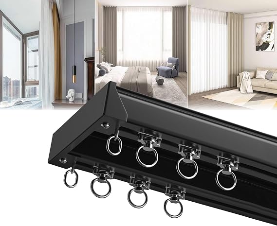 Solid Sturdy Double Row Ceiling Curtain Track 1-7M, /Wall Mounted For Living Room Bedroom Room Divider Privacy Drapes Ceiling - Easy Install, Glide Smooth, Silent, For Heavy Curtains(Black,2m)