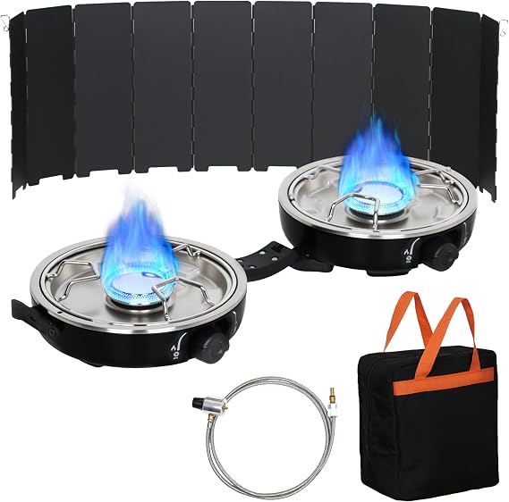Propane 2-Burner Camping Stove with Windscreen, Portable& Foldable Camping Stoves with Carry Bag, 20000 BTU Camp Stove with Adjustable Burners& Piezo Ignition for Camping& Outdoor (Black)