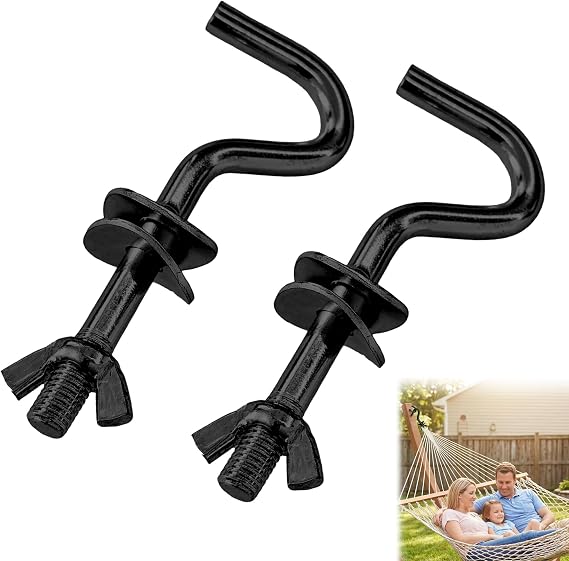 2Pcs Heavy-Duty Hammock Replacement Hooks, 3/8" Diameter, Fits 1-1/4"2" Holes Galvanized Zinc No Rust, Indoor/Outdoor, Black