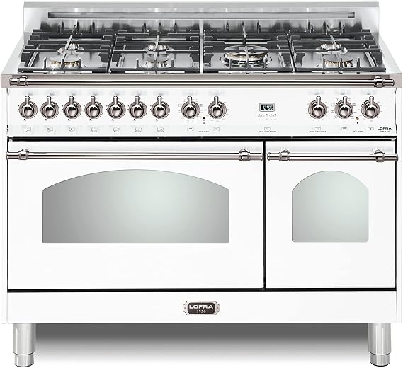 Lofra DolceVita Series 48 Inch Range Freestanding Dual Fuel Double Oven Stove, Cooktop 7 Sealed Brass Burners, Convection, 9 Cooking Modes, Knobs and Handrail In Chrome, in White