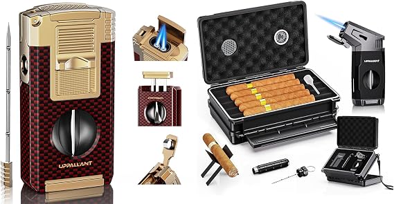 Travel Cigar Humidor Case Set, Double-sided Design, with Cigar Lighter Built-in V Cutter, 2-in-1 Cigar Draw Enhancer/Punch Tool, Cigar Holder, Humidifier&Hygrometer, Cigar Accessories Gift Kit for Men