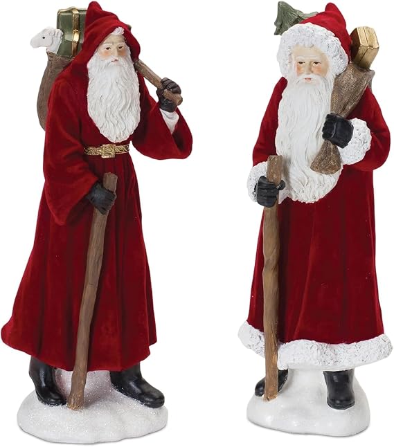 Melrose International Flocked Santa Figurine with Hood and Staff (Set of 2)