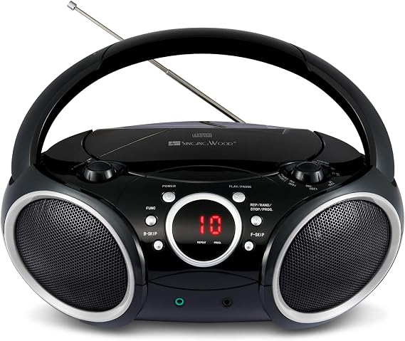 SINGING WOOD SBX030C Portable CD Player Boombox with AM/FM Stereo Radio, Aux Line-in, Headphone Jack, Top-Loading Disc Player, AC or Battery Powered, Foldable Handle (Black with Grey Rims)
