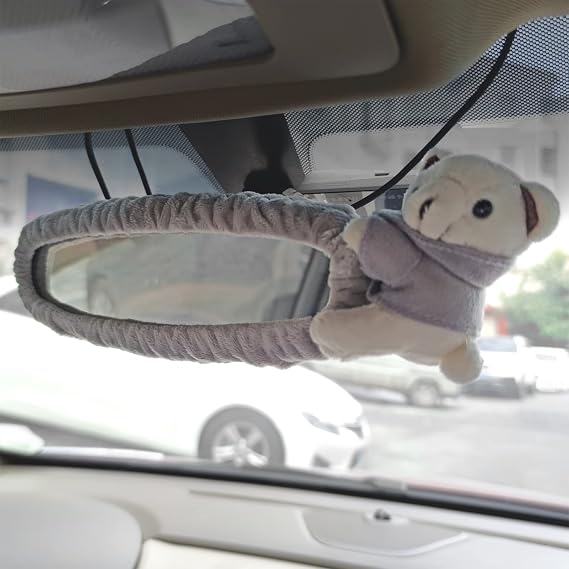 Tianmei Cute Cartoon Bear Doll Styling Car Interior Suede Rear View Mirror Cover Ornaments, Automobiles Rearview Mirror Hanging Decoration Covers (Bear - Gray Color)