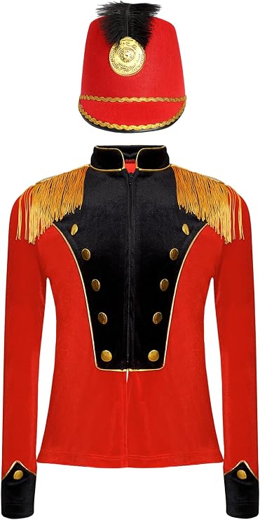 Kids Boys Girls Marching Band Majorette Uniform Tassels Velvet Circus Ringmaster Jacket with Hat