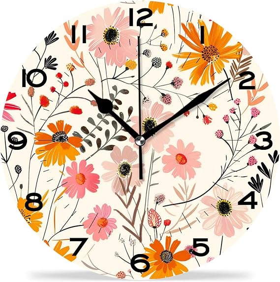Funny 10 Inch Wall Clocks Battery Powered Decor,Elegant Floral Flowers Fantastic