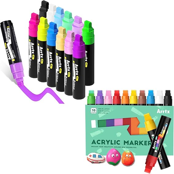 Arrtx Product Image Jumbo Poster Markers, 10mm 12 Colors & 15mm Felt, Acrylic Paint Markers Permanent Paint Pens for Rock Painting, Blackboards, Windshield, Outdoor Paintings DIY Crafts Making