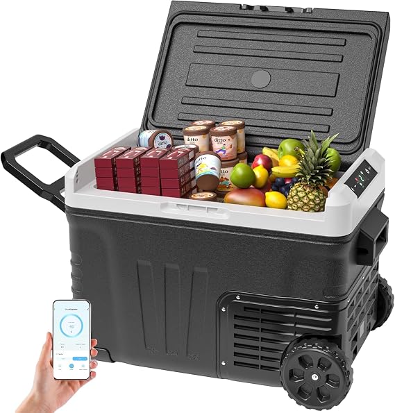 EUHOMY 12V Car Refrigerator 35L Compressor Portable Freezer DC 12V/24V AC 220-240V 12V - 20°C - 20°C with APP Control - Cool Box with Wheels and 2 Baskets [Energy Class E]