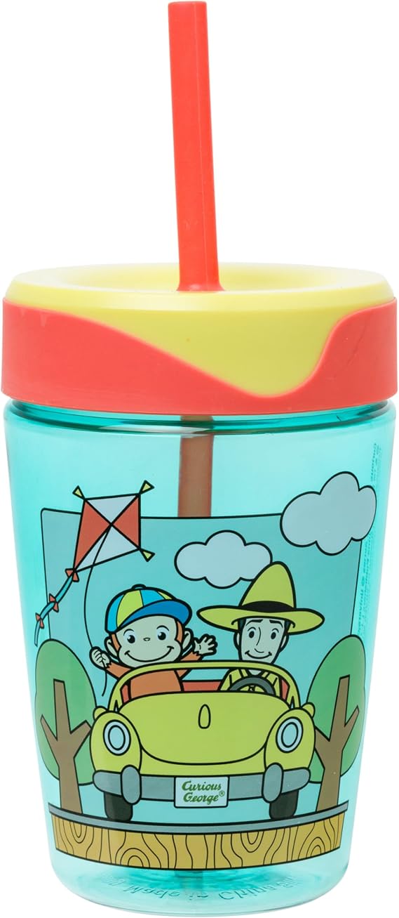 Silver Buffalo Curious George Fun, Spill Proof Tumbler with Straw, 17.5oz | Driving Plastic, Includes Lid, .