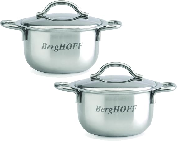 Berghoff Set of 2 Stainless Steel Mini Pots with Lids, Petite Dessert Pots | 18 10 Mirror Finish, Individual Serving Sauce & Dessert Cups with Stay Cool Handle & Hanging Loop, Dishwasher Safe, Silver