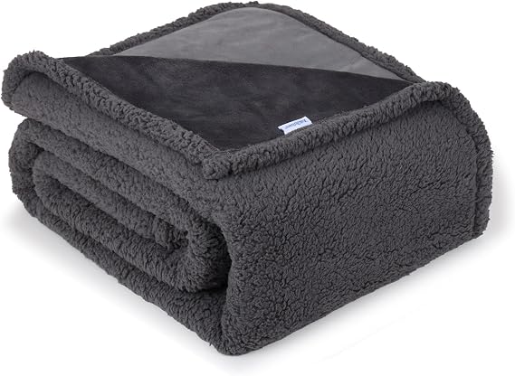 Waterproof Dog Blanket for Large Dogs - Reversible Washable Pet Blanket, Soft Sherpa Fleece Furniture Protector, Cat Throw Bed Couch, Grey,50"x60"