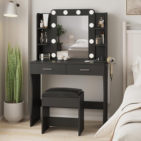Vabches Vanity Desk with Lights,Makeup Vanity with Power Strip,Black | Dressing Table Set with 2 Large Drawers,Vanity Mirror 3 Lighting Color Adjustable,Cushioned Stool,Storage Drawers and Shelves