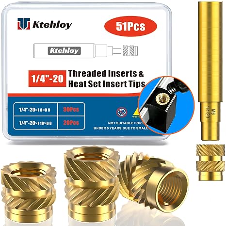 51Pcs Threaded Inserts, Female Thread SAE Knurled Nuts Assortment Kit, Brass Heat Set Insert for Plastic and 3D Printing Components(1/4"-20×L8×D8, 1/4"-20×L10×D8)