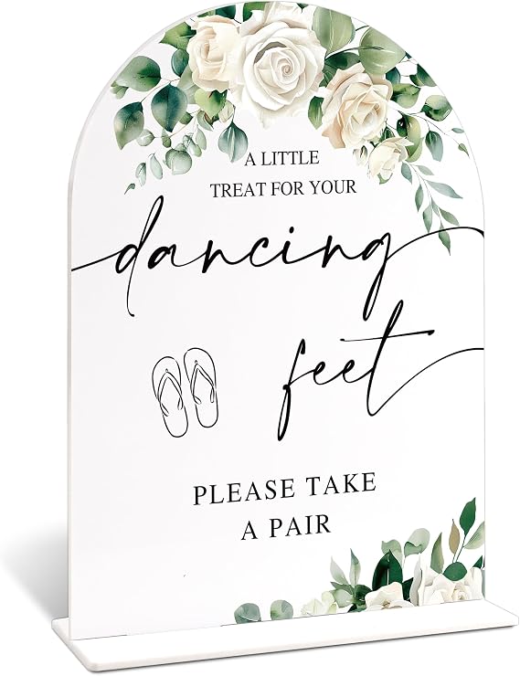 Wedding Flip Flops Sign for Table, Elegant White Rose and Eucalyptus Arch Acrylic Dancing Feet Sign, Wedding Decorations for Reception Bridal Shower Engagement Green Decor, 6x8 Inch