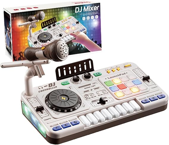 DJ Desk Beginner DJ Desk Children DJ Mixing Console Children Portable DJ Station DJ Machine for Children Bluetooth with Adjustable Microphone Light Gradient Suitable for Children Aged 3-12 and Beginners