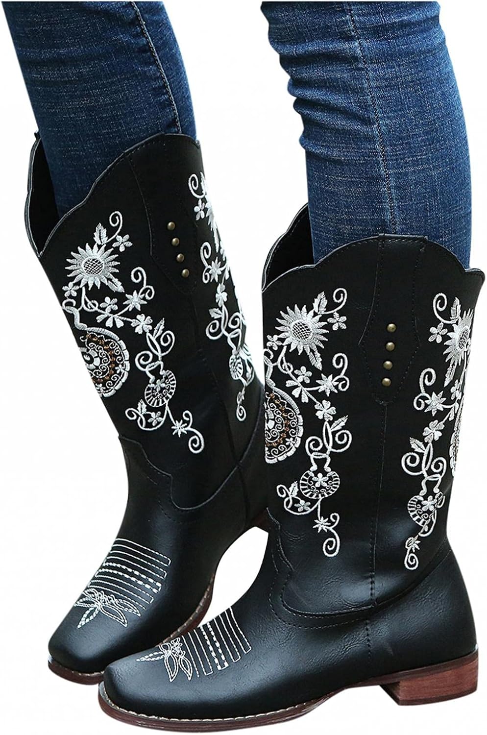 Women's Western Cowboy Boots Cowgirl Boots Fashion Retro Ethnic Print Embroidery Mid Calf Thick Heel Pull On Couple Boots