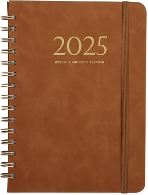 2025 Planner Weekly and Monthly Planner 2025, 6.4 x 8.5, Jan - Dec 2025, Calendar Planner Daily Planner, Premium Pages, Twin-Wire Binding, Tabs, Elastic Closure, Pocket, Faux Leather Cover, Yearly Agenda, Brown