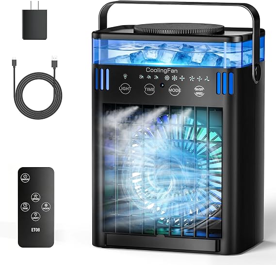 Portable Air Conditioner, Mini Air Conditioner Portable AC Unit with Remote, 3 Speeds & 3 Mist, 2-8H Timer & 7 Light, Evaporative Air Cooler Fan for Room Office Desk Home Dorm