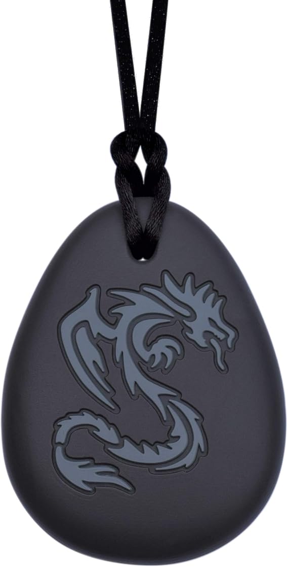 Dragon Sensory Chew Necklace for Adults or Kids - Chewy Fidget Stim Toy Jewelry for Boys and Girls (Grey/Black)