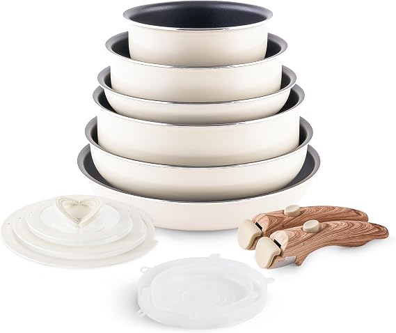 Pots and Pans Set Nonstick - YIIFEEO Stackable Camping Cookware Pots and Pans Set Detachable Handle Kitchen Cookware Sets Removable Handle, Non Toxic Nonstick Frying Pans for Cooking Pot Set Gift