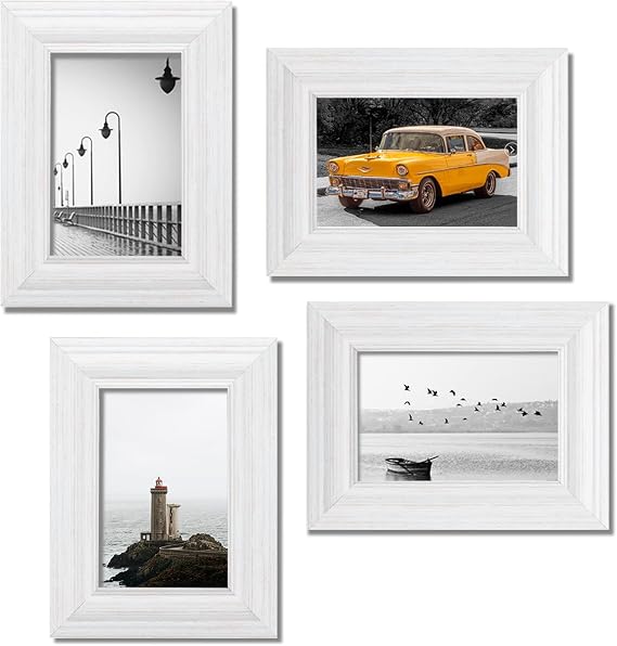 LaVie Home 5x7 Picture Frames (4 Pack, Distressed White) Rustic Photo Frame Set with High Definition Glass for Wall Mount & Table Top Display