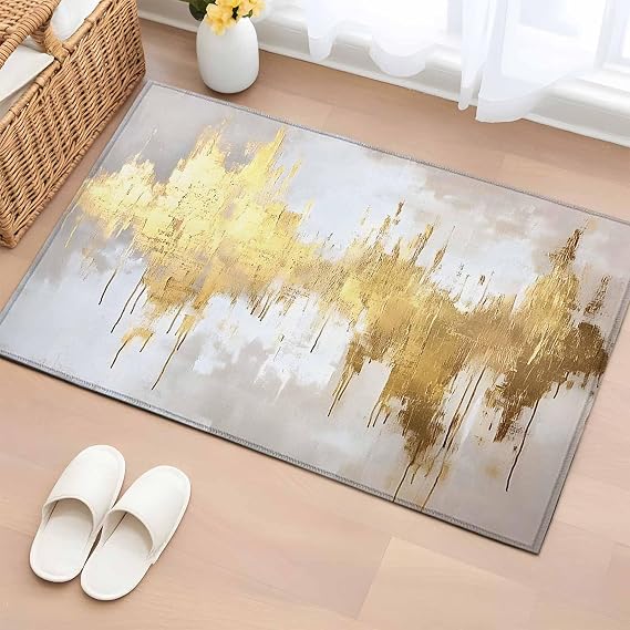 Area Rugs 2x3 for Living Room, Gold Grey Non Slip Washable Rug Runner, Abstract Contemporary Square Graffiti Smear Art Low Pile Indoor Floor Carpet Mat Bathroom Rugs for Bedroom, Kids Room