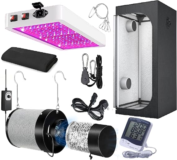 Indoor Grow Tent Kit, Full Spectrum LED Light, Carbon Filter System, 4-Piece Complete Setup with Thermohygrometer (60 x 60 x 140 cm)