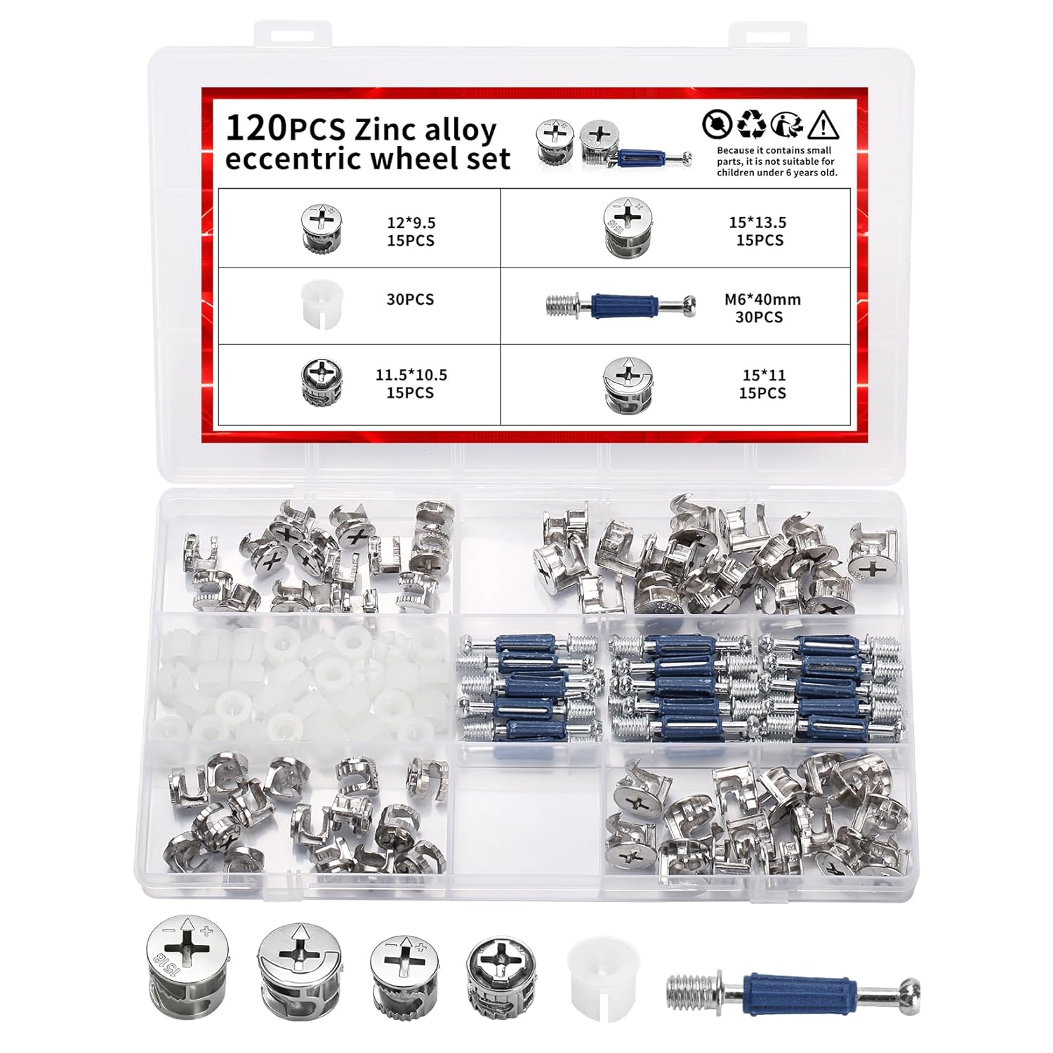 120 PcsCam Lock Nuts and Bolts, 3-in-1 Furniture Bolts, Furniture Connector Cam Locks, Eccentric Cam Bolt Nut Dowel, Cabinet Screws for Wardrobe Cabinet Connectors Hardware Fittings Fasteners