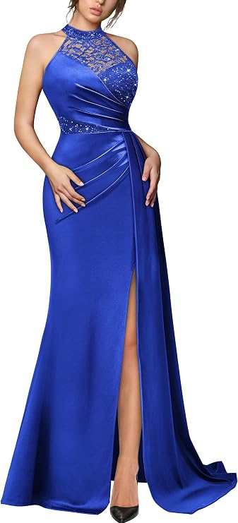 Miusol Women's Sexy Halter Sequin Lace Satin Evening Party Maxi Dress