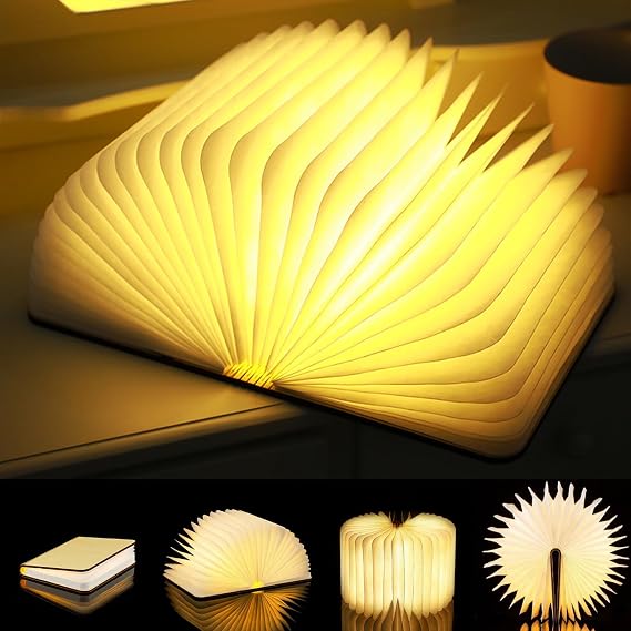 Light Up Book Lamp - Wooden Folding Book Shaped Light, USB Rechargeable LED Night Light for Bedside, Unique Home Decor & Gifts for Book Lovers