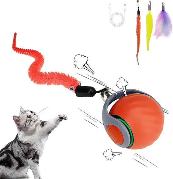 Vrurc Interactive Cat Toy Ball-Speedy with Feather & 3 Tails,Motion Activated Auto Roll,2 Speeds Rechargeable,Indoor Cat Stimulation, Enrichment,Keeps Busy,Durable (Orange)