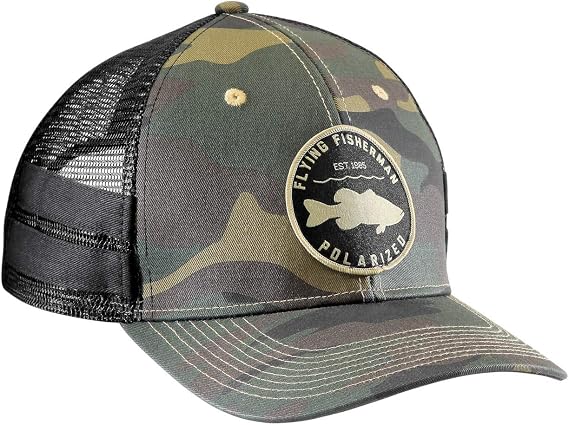 Flying Fisherman Bass Patch Trucker Hat Camo Snapback, Mesh Back, Dark Non-Glare Undervisor