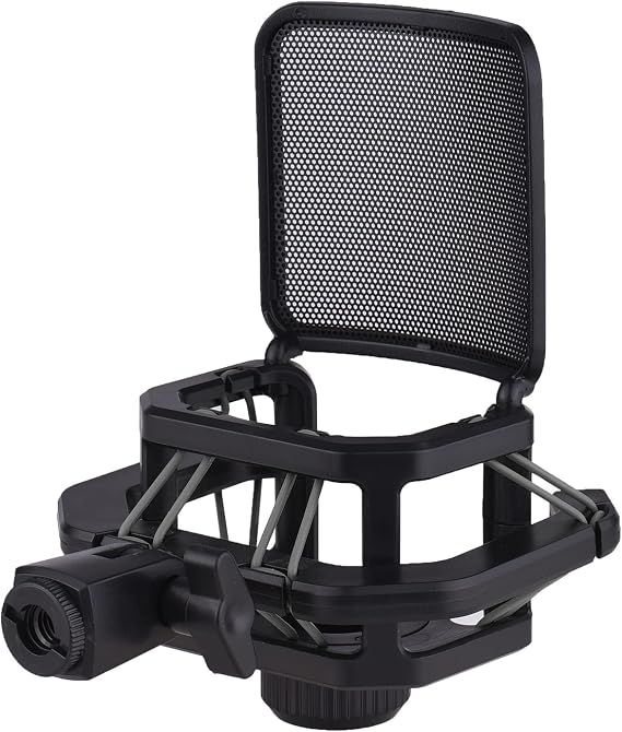 Plastic Microphone Shock Mount Anti vibration Mic Holder Stand with Metal Pop Filter Universal Screw Adapter for Diameter 23.5mm to 24.5mm (Black)