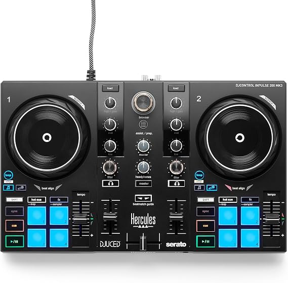 Hercules DJControl Inpulse 200 MK3 Controller with Serato Lite Beatmatch light guide stems control 8 performance pads touch jog wheels DJUCED/Serato DJ Lite