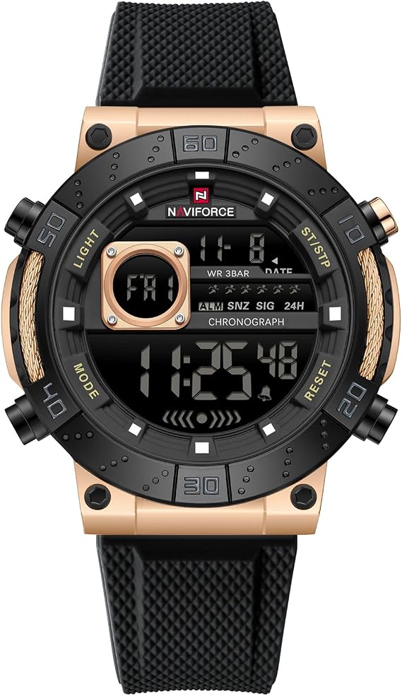 NAVIFORCE Fashion Men's Digital Watch Military Waterproof Sport Chronograph Wrist Watch for Men with Alarm LED Backlight, gold, Sports