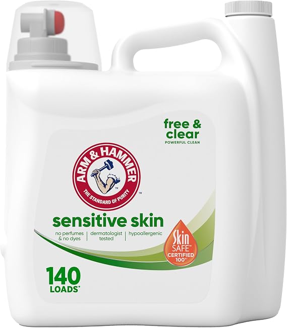ARM & HAMMER Sensitive Skin Free & Clear Liquid Laundry Detergent | Hypoallergenic, Dye Free, Dermatologist Tested, 140 Loads, 140 fl oz
