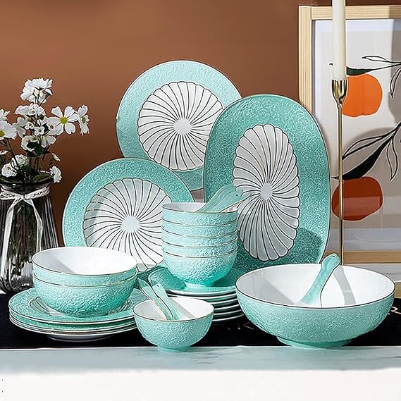 Dinnerware Sets - Luxury Gift Dishes Service Set, Luxury China Dinnerware Set, Fine China Plate and Bowl Sets, Embossed+ Floral Print Porcelain, High-end Gift Box(Blue,28Pcs)