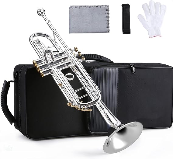Bb Standard Trumpet Set Professional Brass Silver Bb Flat Trumpet with 5C Mouthpiece for School Band Orchestra Beginners